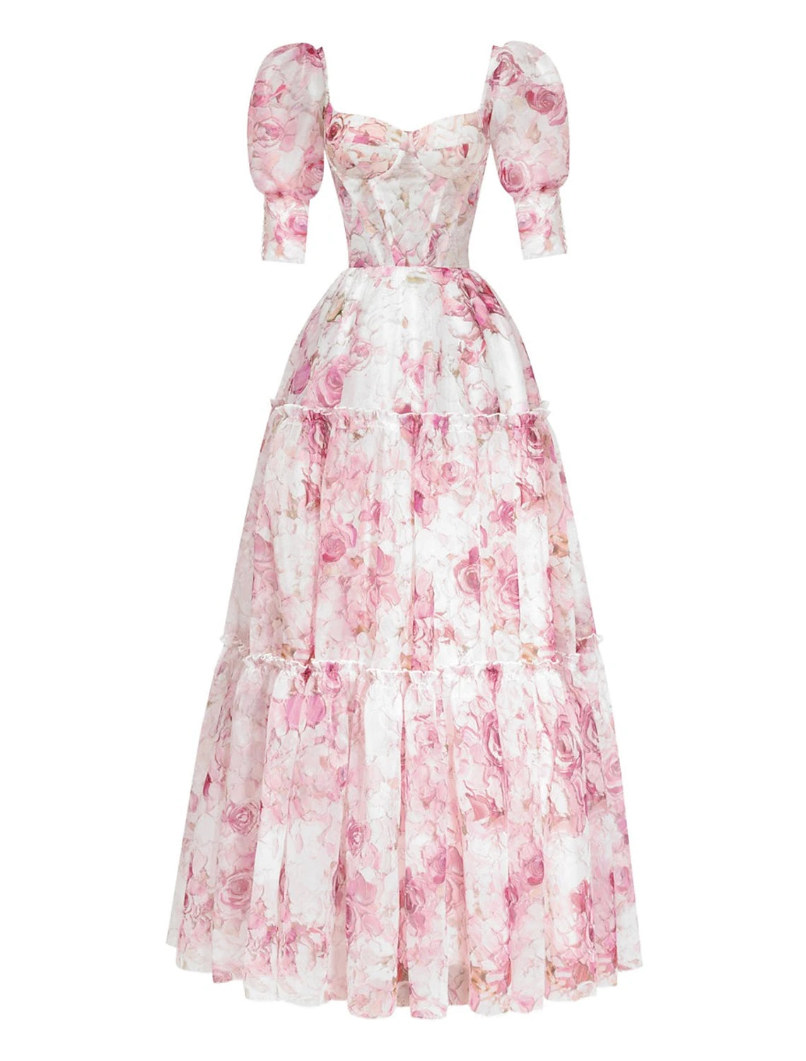 A-Linie Abendkleid Korsettkleid Hochzeitsempfang Bodenlang Kurzarm Rundhalsausschnitt Royal Style Organza mit Blumendruck